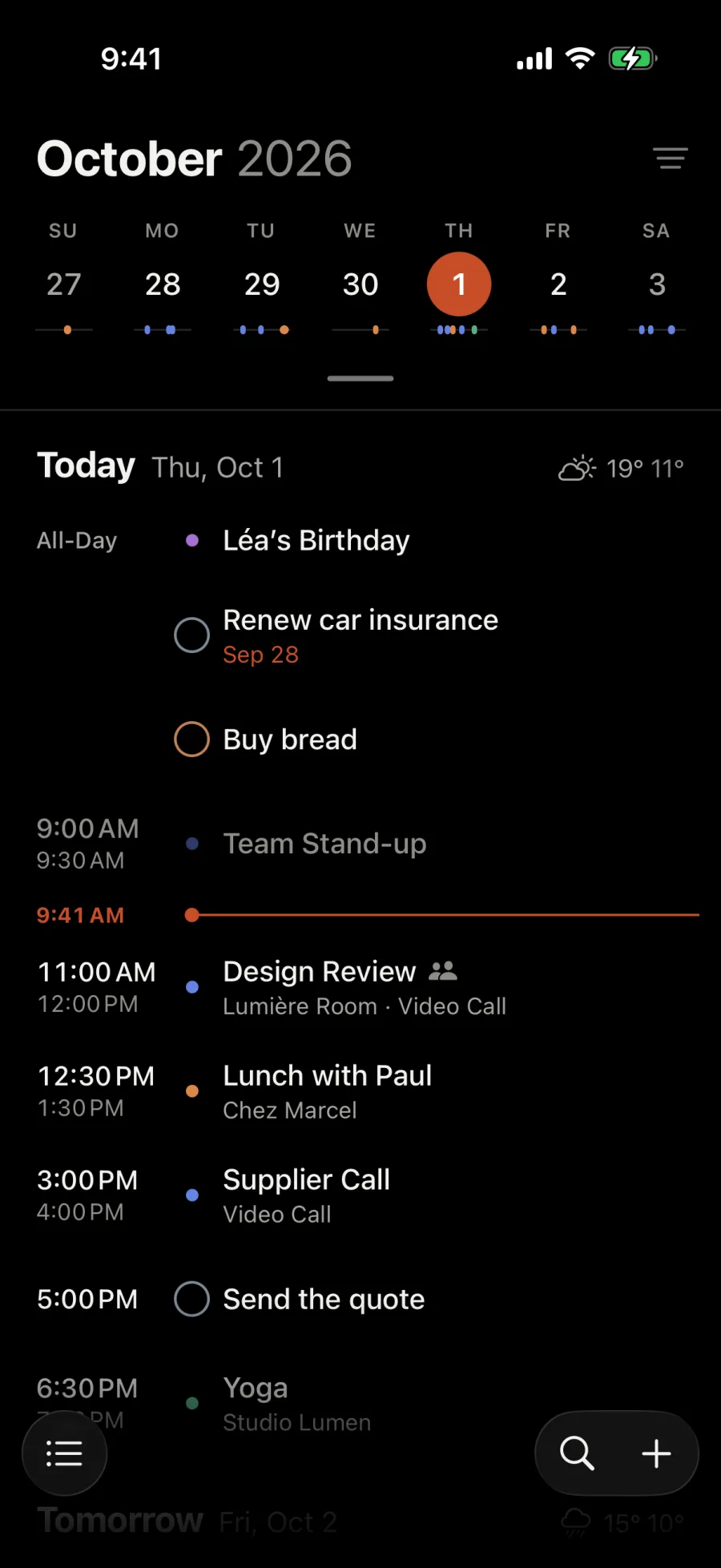 The agenda on Thursday, October 1: a birthday, two tasks, then the day’s events under the line of the current hour, 9:41 AM.