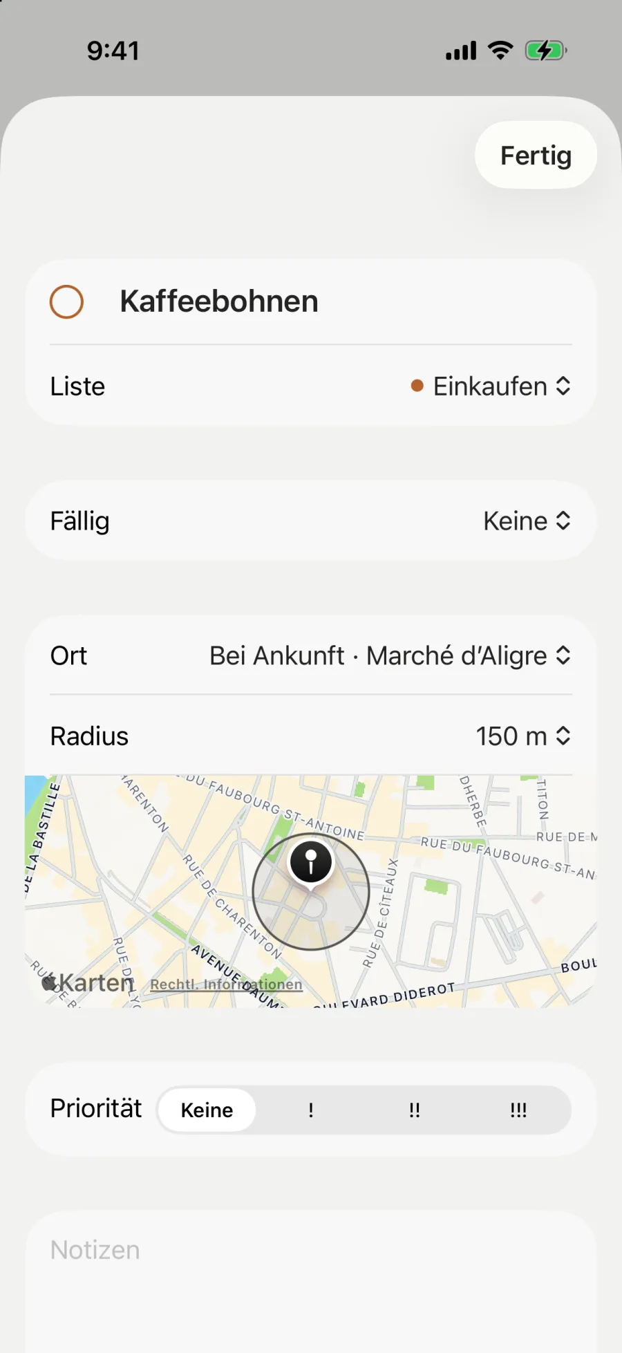 Kaffeebohnen, in Einkaufen: ein Hinweis bei Ankunft am Marché d’Aligre, im Umkreis von 150 m, auf einer kleinen Karte.
