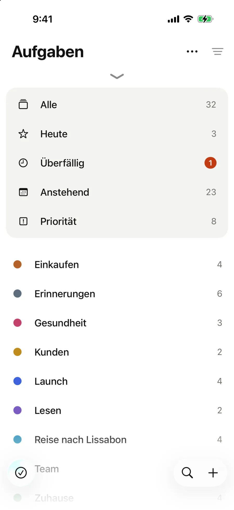 Aufgaben: Alle, Heute, Überfällig, Anstehend und Priorität auf einer Karte über den Listen. Heute enthält die Aufgaben des Tages und die seit dem 28. September überfällige. In Überfällig holt „Alle auf heute verschieben“ sie auf heute. Priorität sammelt die Aufgaben aller Listen, hohe zuerst.