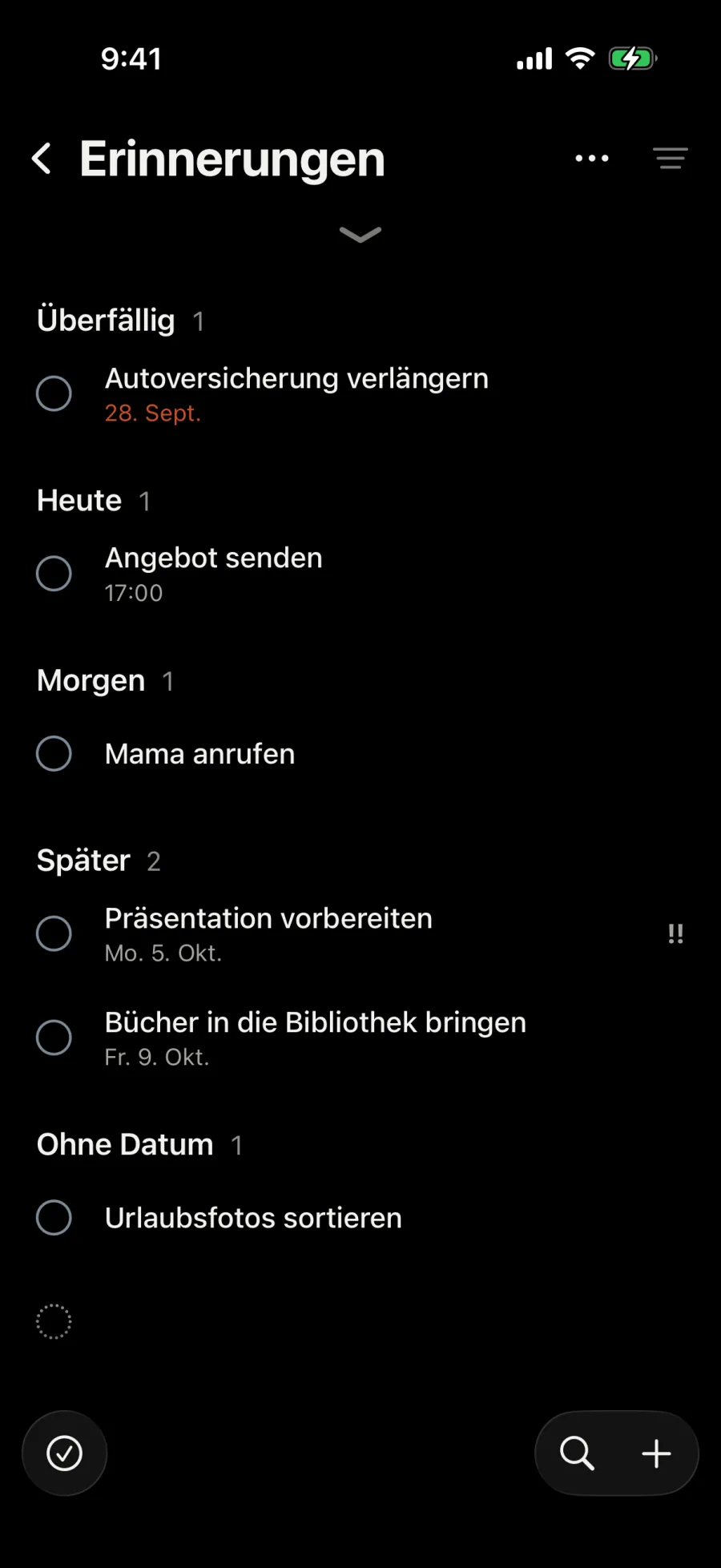Erinnerungen: Angebot senden zur Seite gewischt, mit Morgen, Wochenende und Woche.