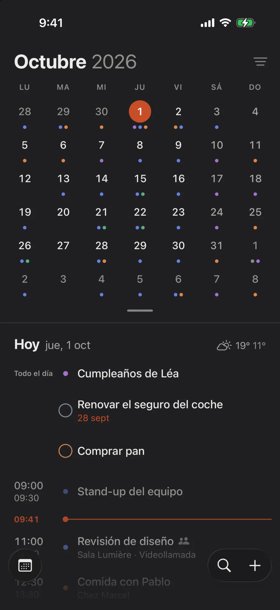 Octubre, con la agenda del día debajo.