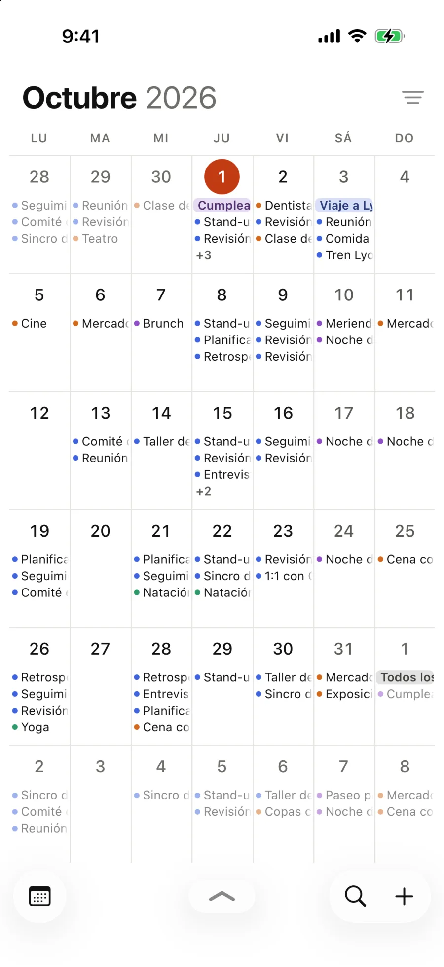 Octubre a pantalla completa, con los títulos de los eventos en cada día.