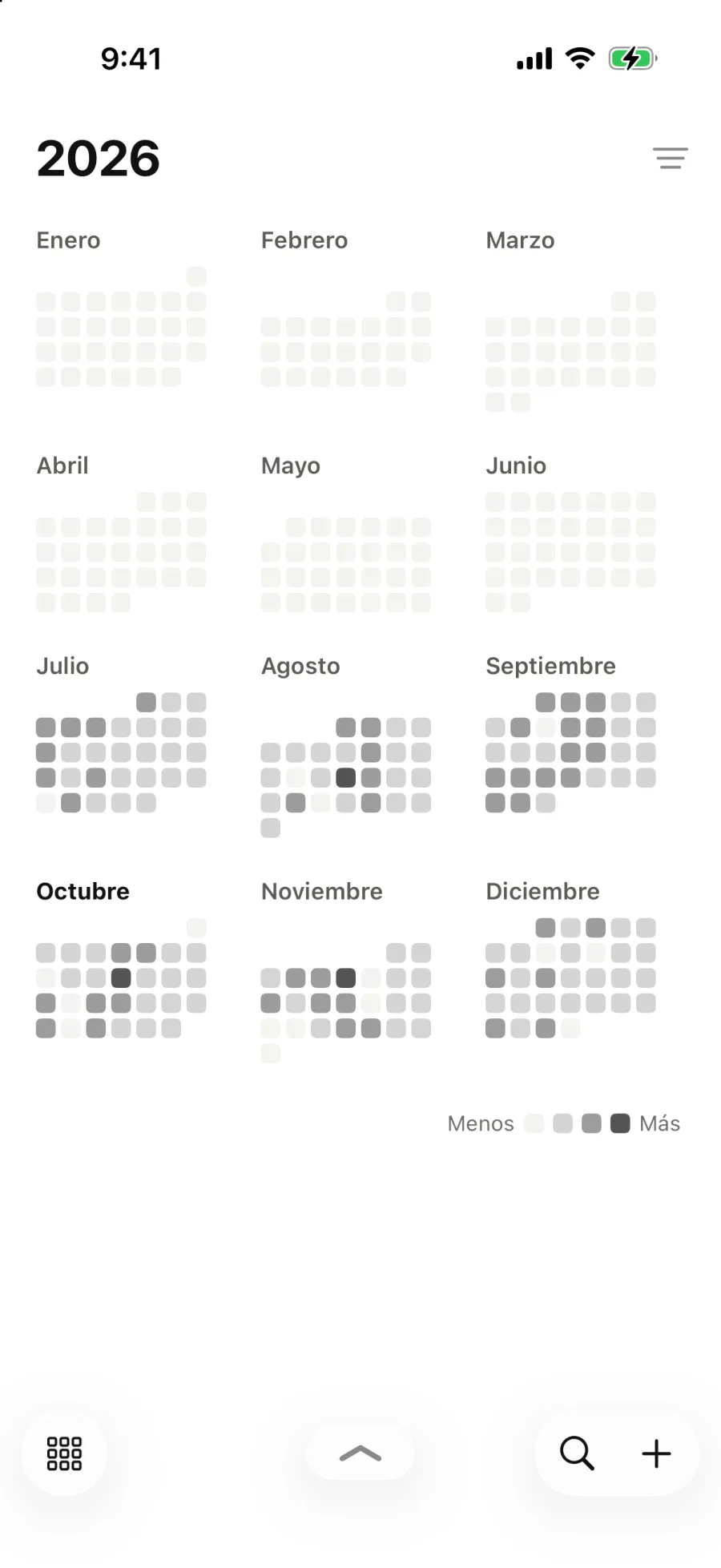 2026, cada día sombreado según lo lleno que está.
