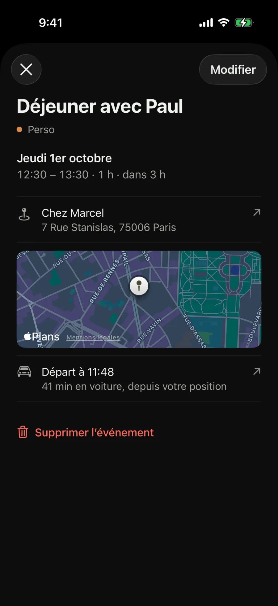 Déjeuner avec Paul chez Marcel. Départ à 11:53, 37 minutes en voiture.