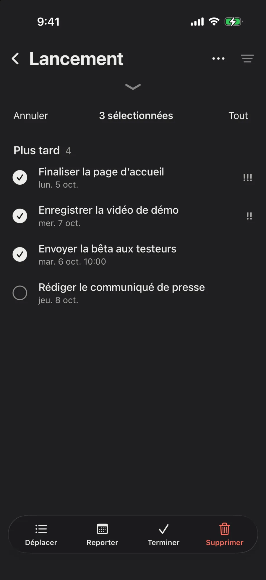 Lancement, trois tâches sélectionnées, avec Déplacer, Reporter, Terminer et Supprimer en bas.