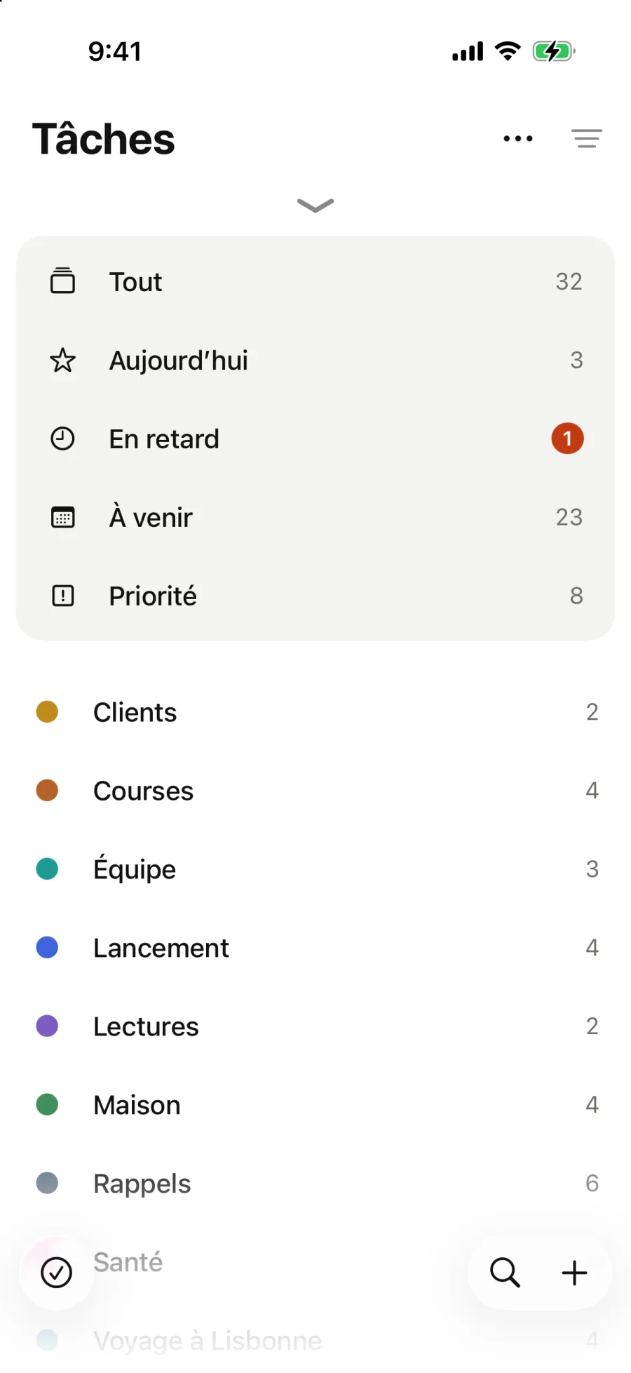 Tâches : Tout, Aujourd’hui, En retard, À venir et Priorité sur une carte au-dessus des listes. Aujourd’hui réunit les tâches du jour et celle en retard depuis le 28 septembre. Dans En retard, Tout reporter à aujourd’hui la ramène à aujourd’hui. Priorité rassemble les tâches de toutes les listes, la priorité haute en premier.