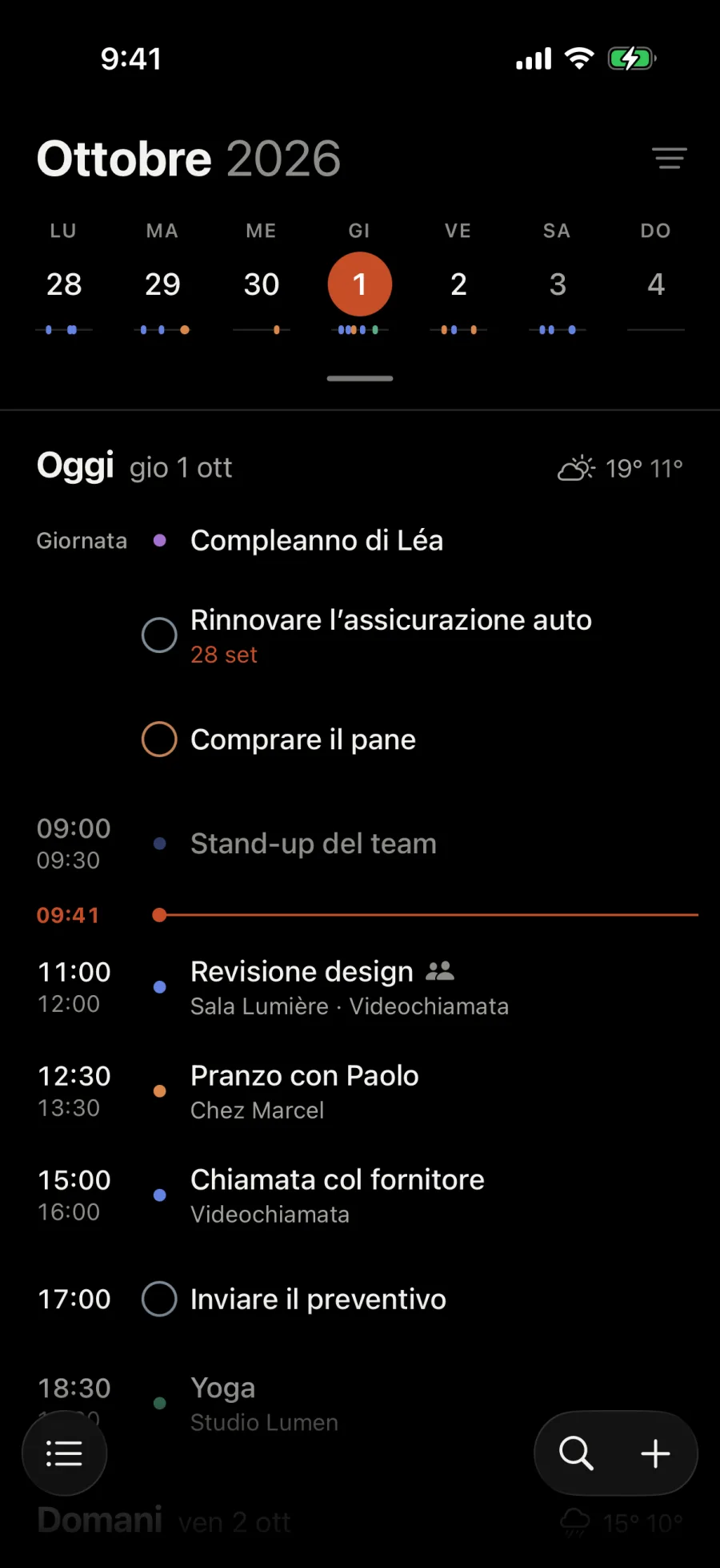 L’agenda di giovedì 1 ottobre: un compleanno, due attività, poi gli eventi del giorno sotto la linea dell’ora attuale, le 9:41.