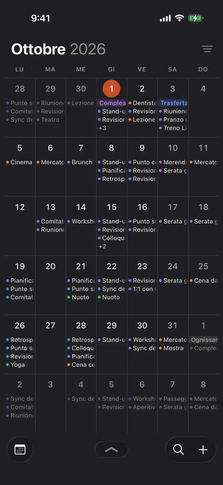 Ottobre a schermo intero, con i titoli degli eventi in ogni giorno.