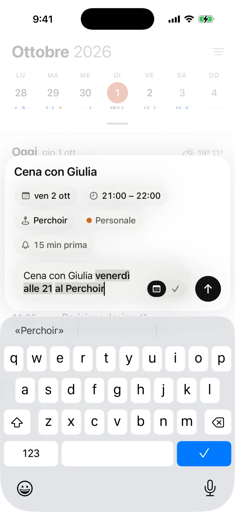 Mentre scrivi “Cena con Giulia venerdì alle 21 al Perchoir”: Classycal mostra venerdì 2 ottobre, dalle 21:00 alle 22:00, il Perchoir e il calendario Personale.