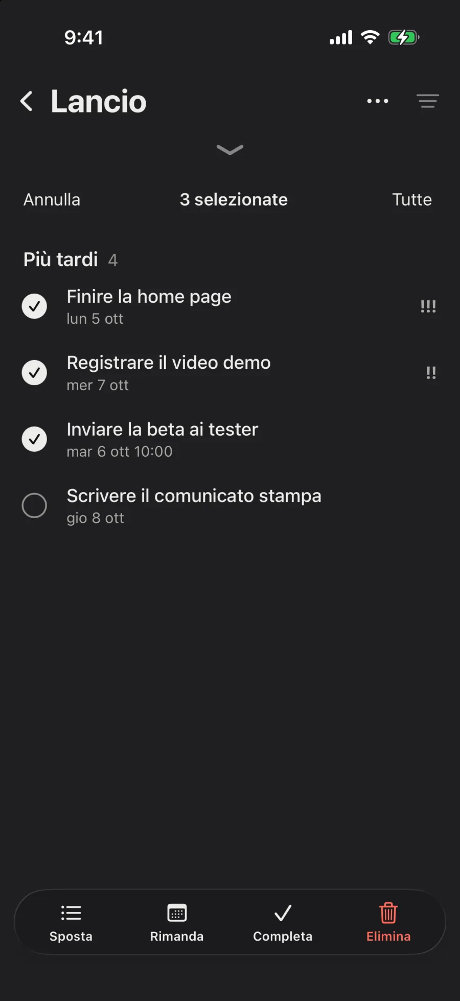 Lancio, tre attività selezionate, con Sposta, Rimanda, Completa ed Elimina in basso.