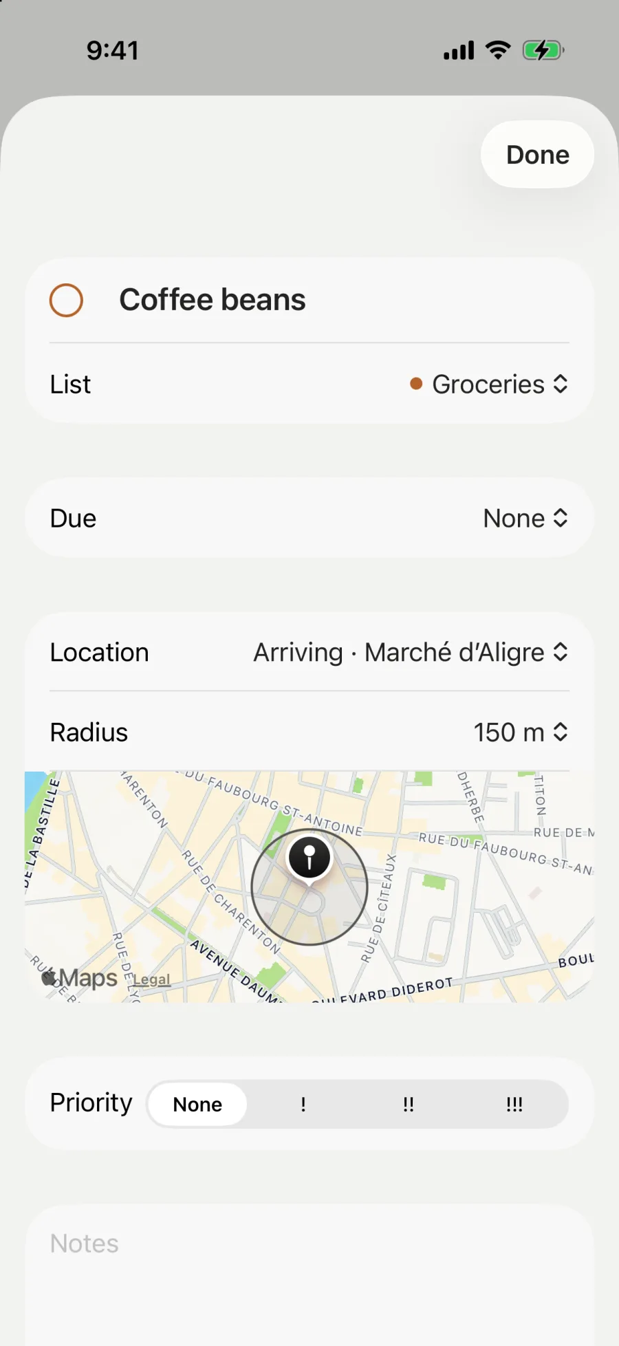 Coffee beans, in Groceries: an alert on arriving at Marché d’Aligre, within 150 m, shown on a small map.