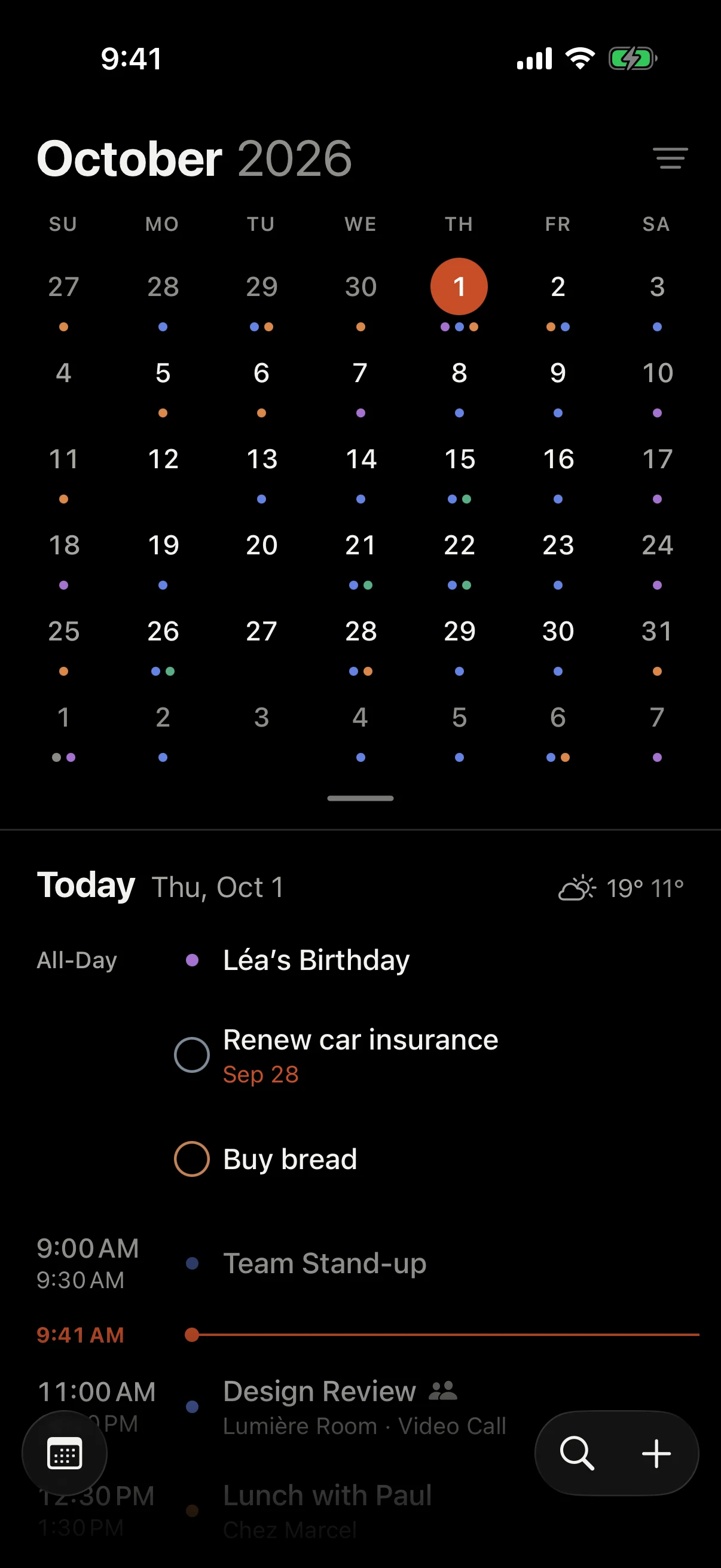 Close-up of the month with every calendar. The sets’ menu opens from the top right: All, Work, Home, Manage Sets, each with its icon. Work is chosen, and only the work calendars stay.