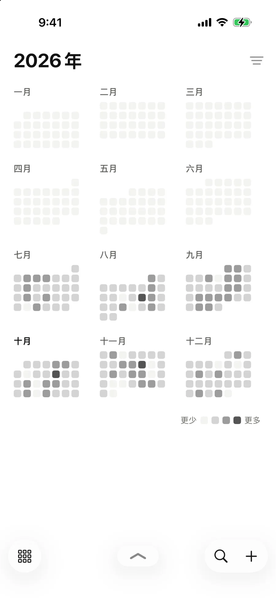 2026年，每一天按繁忙程度着色。